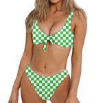 White And Green Checkered Print Front Bow Tie Bikini