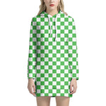 White And Green Checkered Print Hoodie Dress