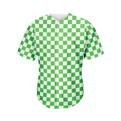 White And Green Checkered Print Men's Baseball Jersey