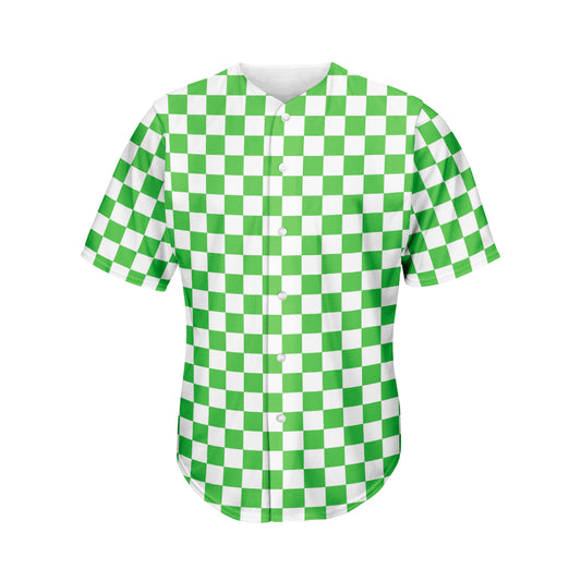 White And Green Checkered Print Men's Baseball Jersey