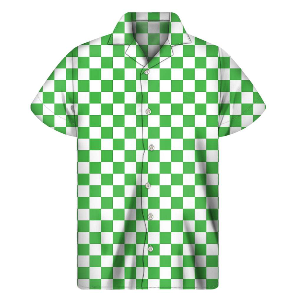 White And Green Checkered Print Men's Short Sleeve Shirt