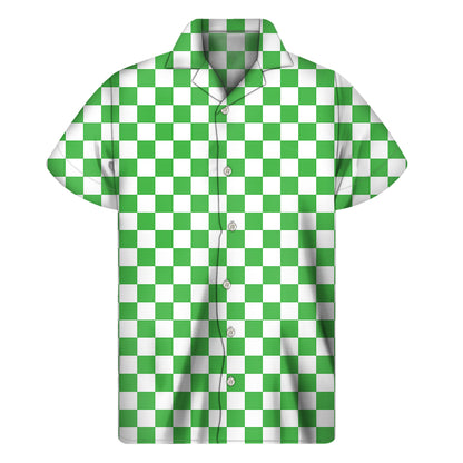 White And Green Checkered Print Men's Short Sleeve Shirt