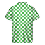 White And Green Checkered Print Men's Short Sleeve Shirt