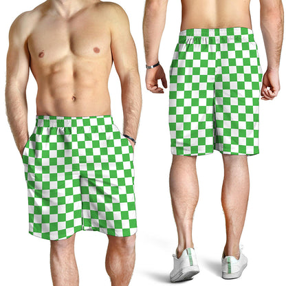 White And Green Checkered Print Men's Shorts