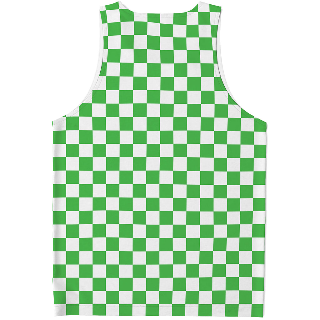 White And Green Checkered Print Men's Tank Top