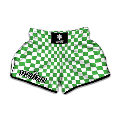 White And Green Checkered Print Muay Thai Boxing Shorts
