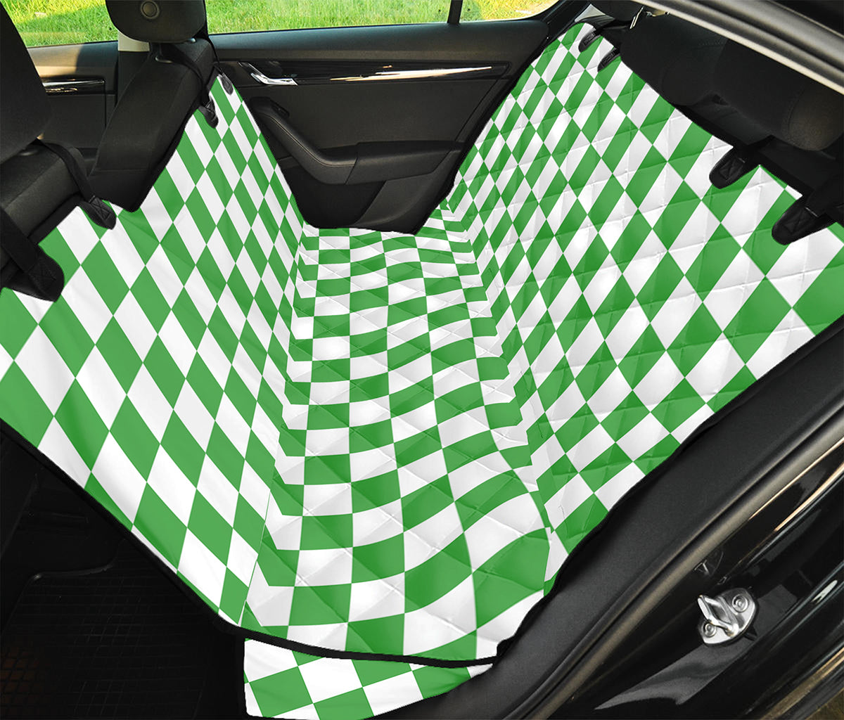 White And Green Checkered Print Pet Car Back Seat Cover