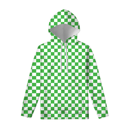 White And Green Checkered Print Pullover Hoodie