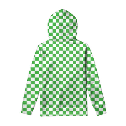 White And Green Checkered Print Pullover Hoodie