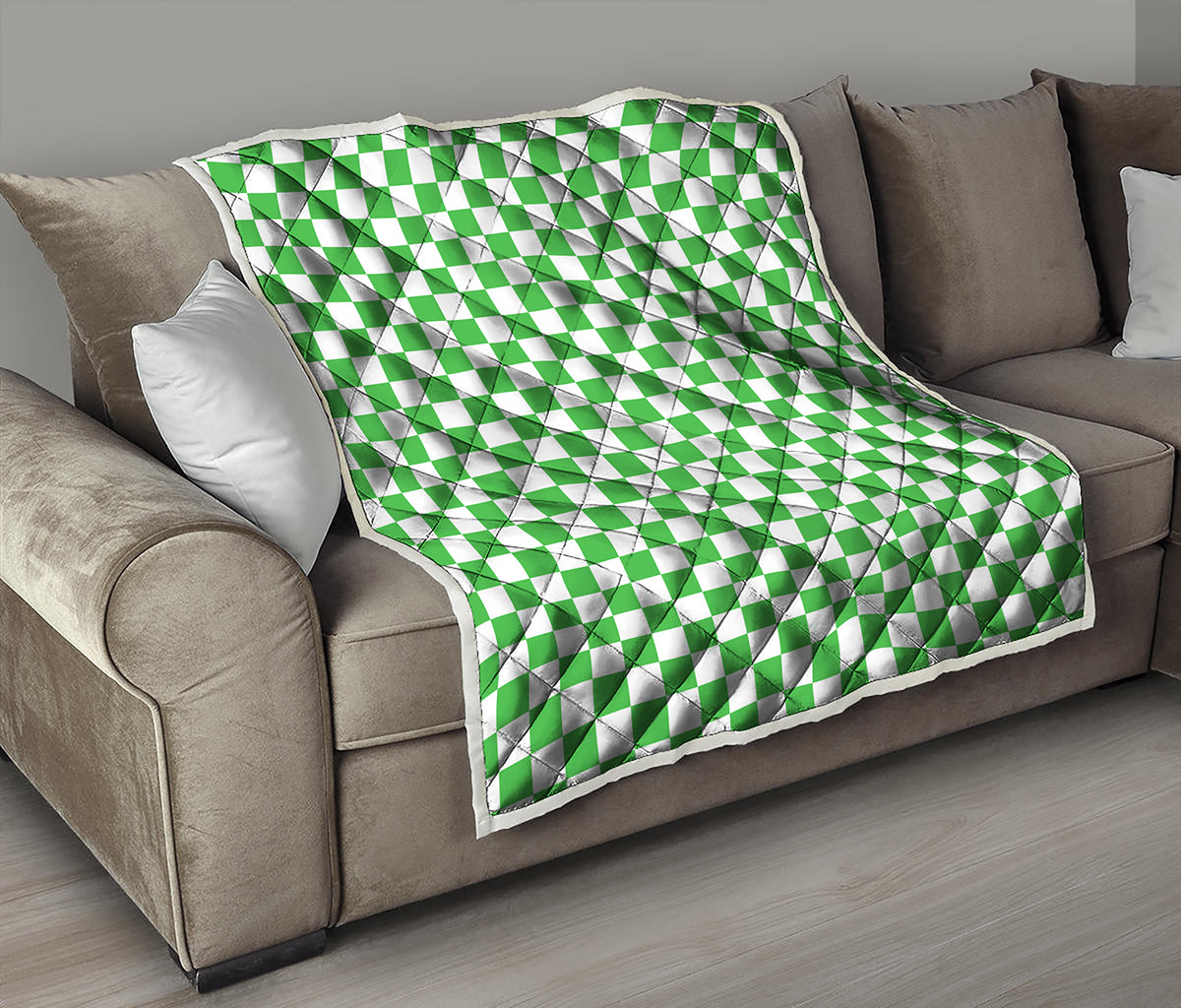 White And Green Checkered Print Quilt