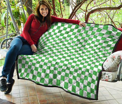 White And Green Checkered Print Quilt