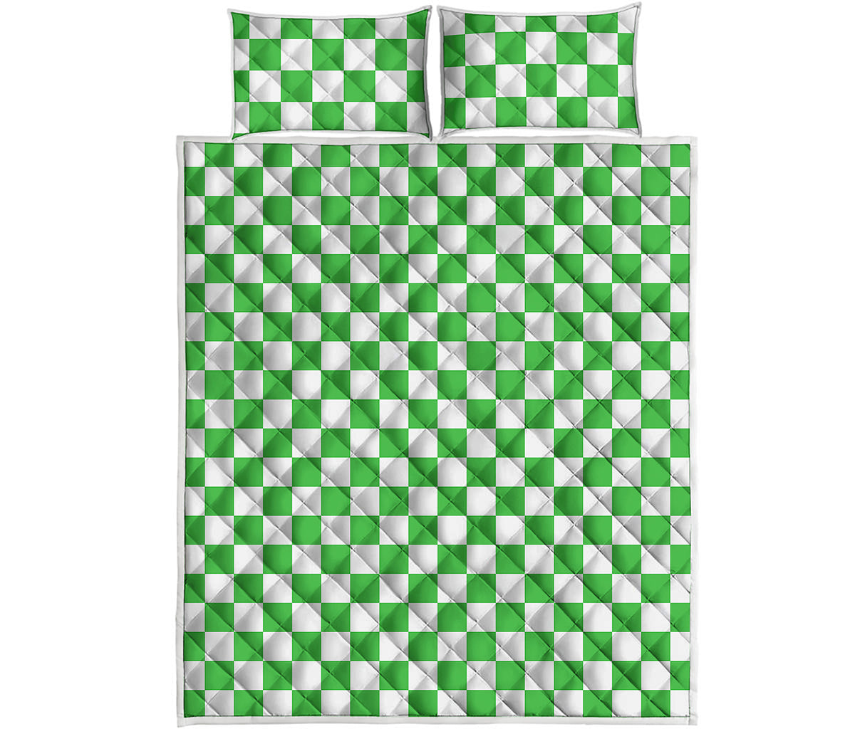 White And Green Checkered Print Quilt Bed Set