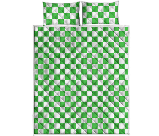 White And Green Checkered Print Quilt Bed Set