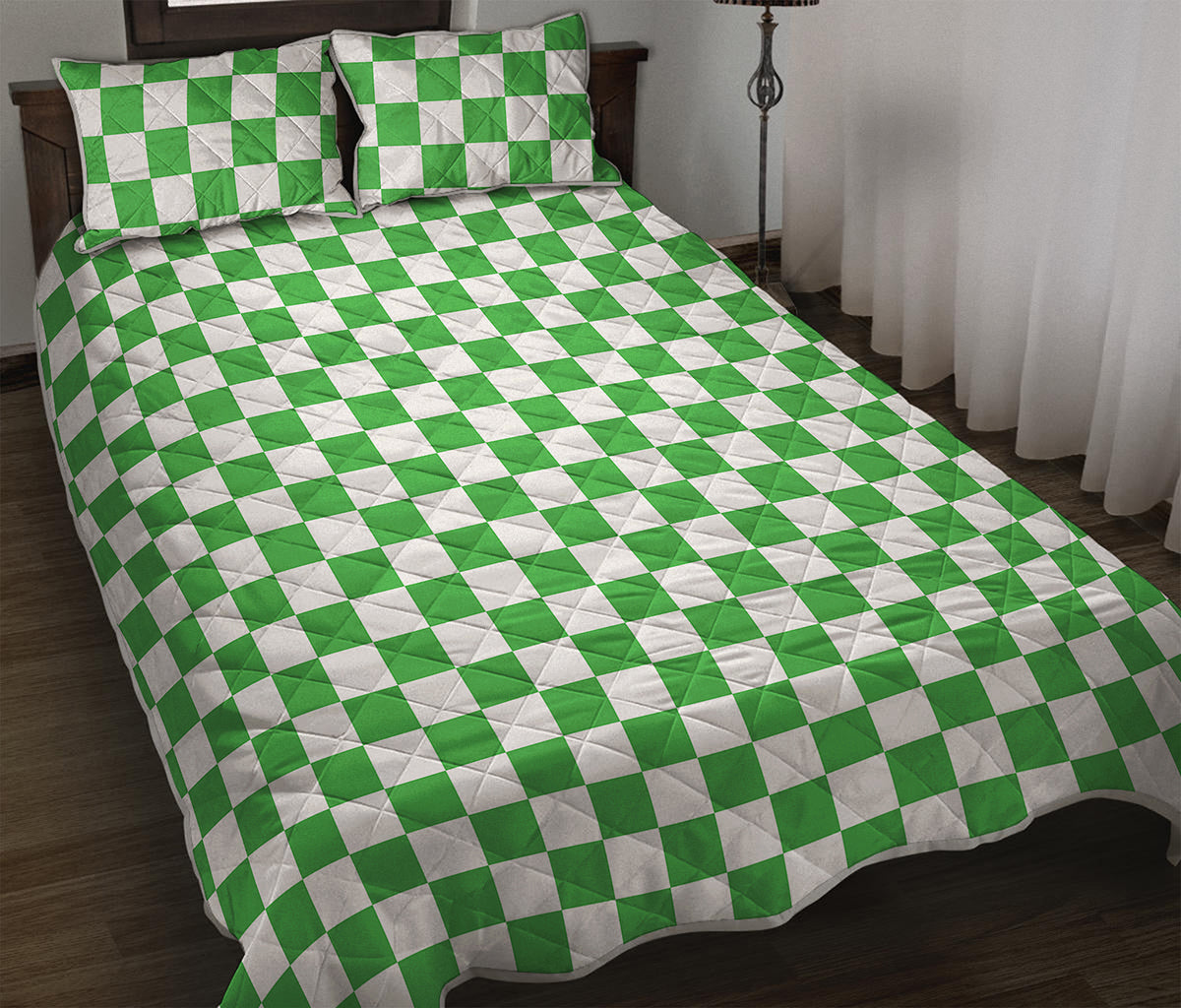 White And Green Checkered Print Quilt Bed Set