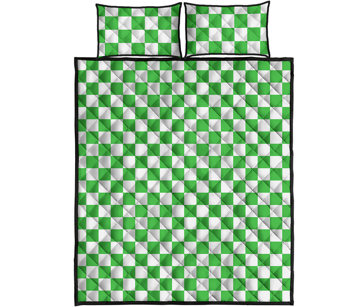 White And Green Checkered Print Quilt Bed Set