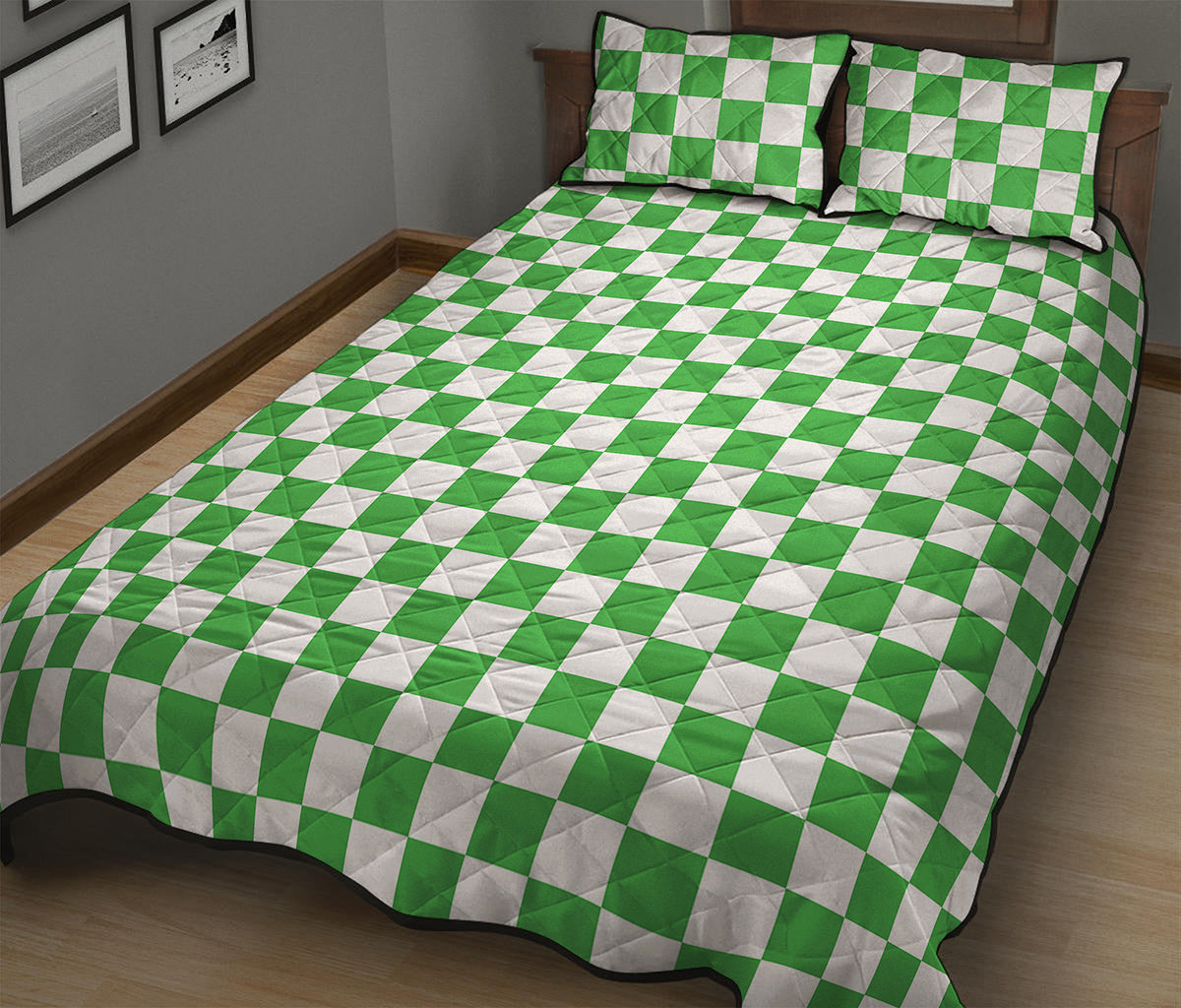 White And Green Checkered Print Quilt Bed Set