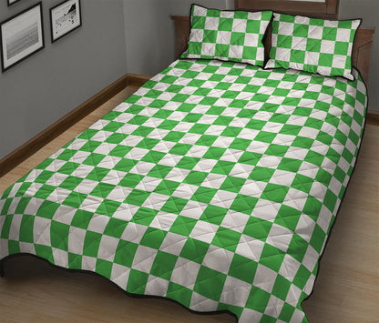 White And Green Checkered Print Quilt Bed Set