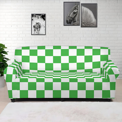 White And Green Checkered Print Sofa Cover