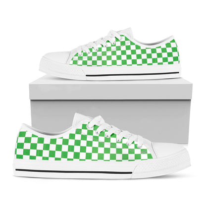 White And Green Checkered Print White Low Top Shoes