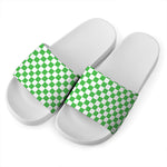 White And Green Checkered Print White Slide Sandals
