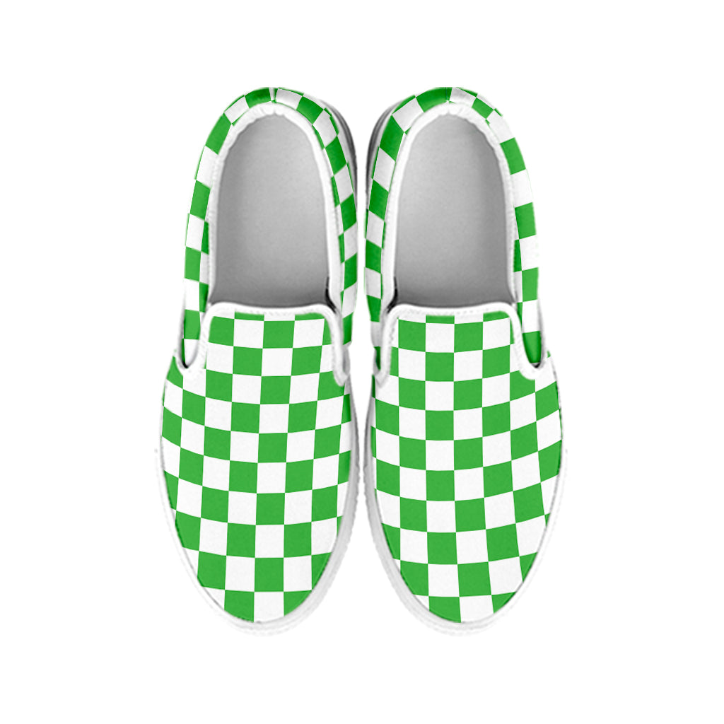 White And Green Checkered Print White Slip On Shoes