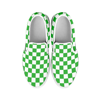 White And Green Checkered Print White Slip On Shoes
