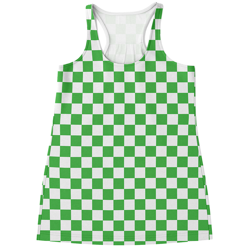 White And Green Checkered Print Women's Racerback Tank Top
