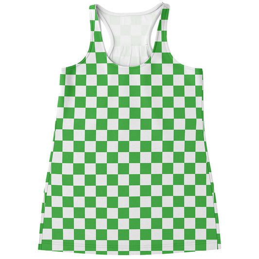 White And Green Checkered Print Women's Racerback Tank Top