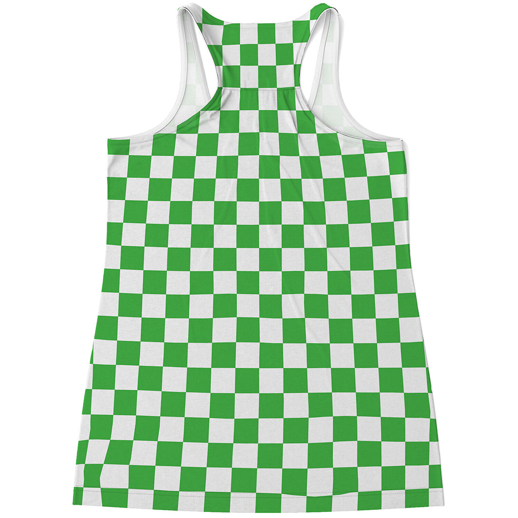 White And Green Checkered Print Women's Racerback Tank Top