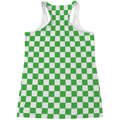 White And Green Checkered Print Women's Racerback Tank Top