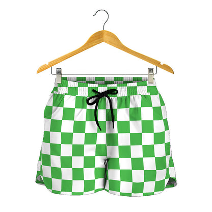 White And Green Checkered Print Women's Shorts