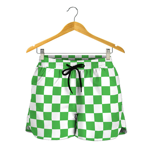 White And Green Checkered Print Women's Shorts