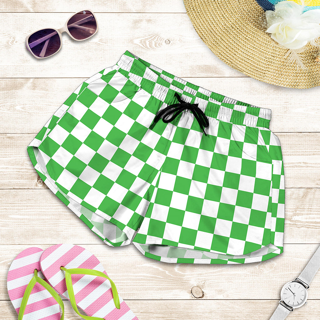 White And Green Checkered Print Women's Shorts