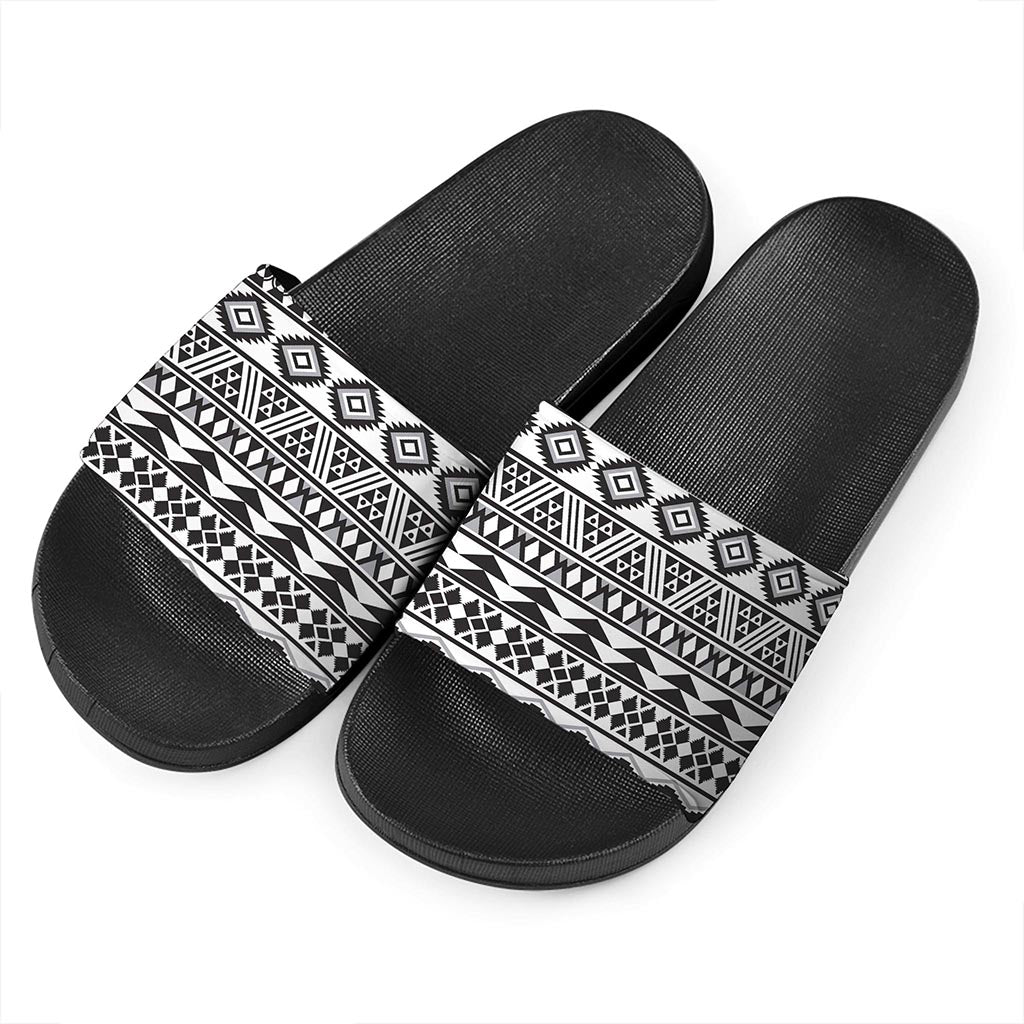 White And Grey Aztec Pattern Print Black Slide Sandals