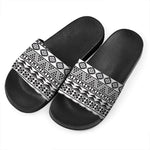 White And Grey Aztec Pattern Print Black Slide Sandals