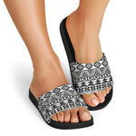 White And Grey Aztec Pattern Print Black Slide Sandals