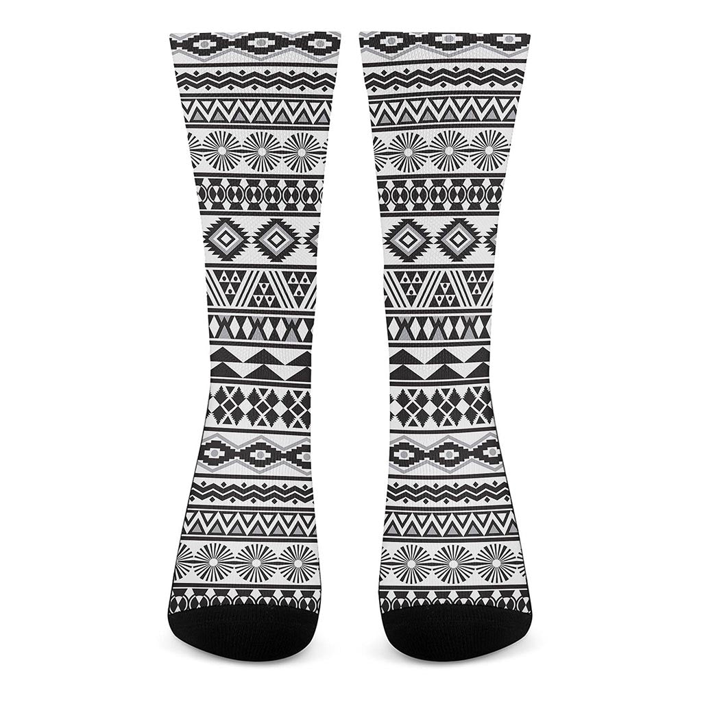 White And Grey Aztec Pattern Print Crew Socks