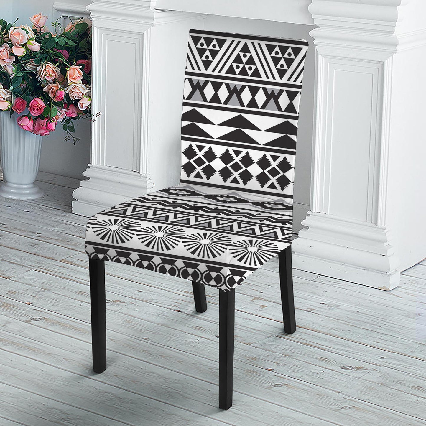White And Grey Aztec Pattern Print Dining Chair Slipcover