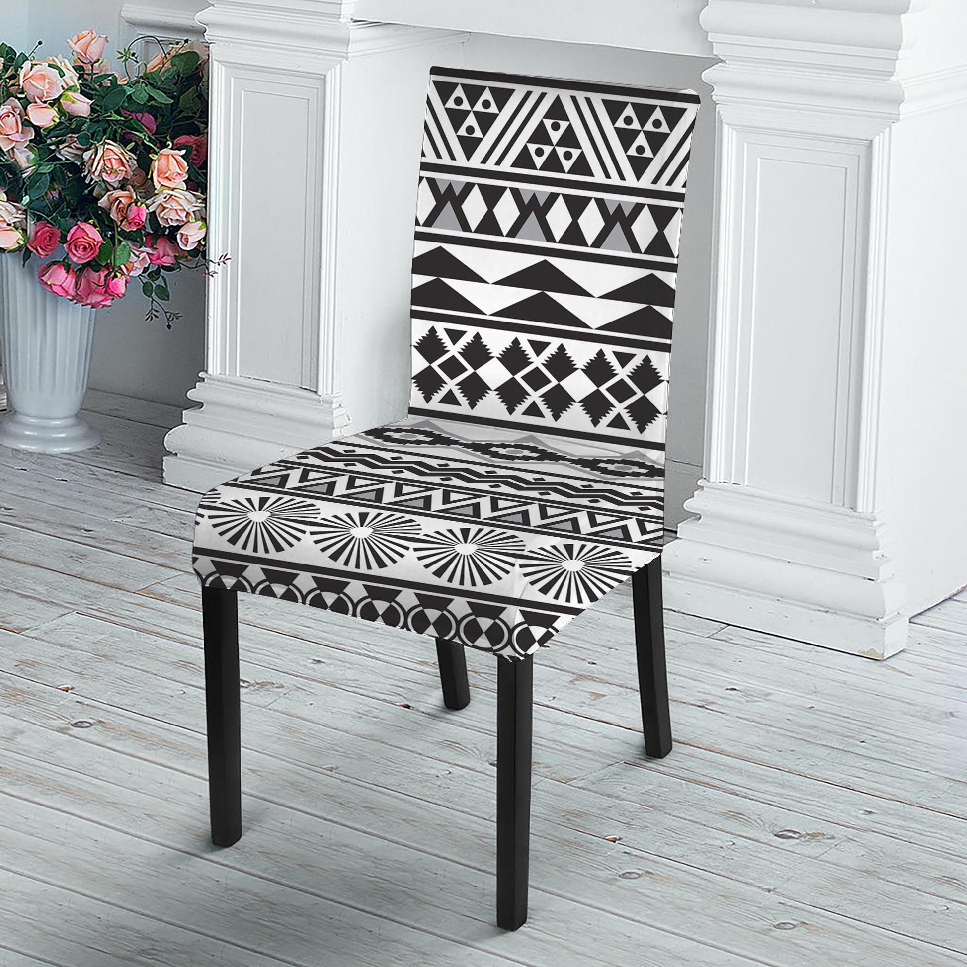 White And Grey Aztec Pattern Print Dining Chair Slipcover