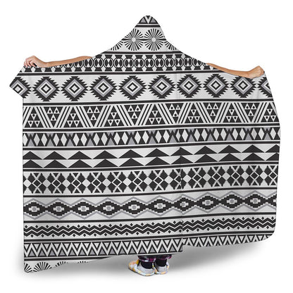 White And Grey Aztec Pattern Print Hooded Blanket