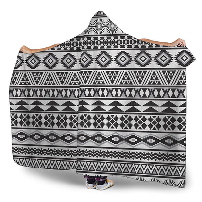 White And Grey Aztec Pattern Print Hooded Blanket