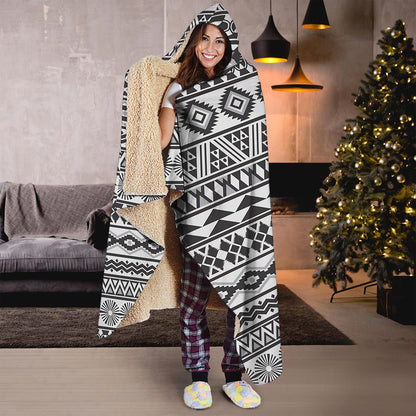 White And Grey Aztec Pattern Print Hooded Blanket