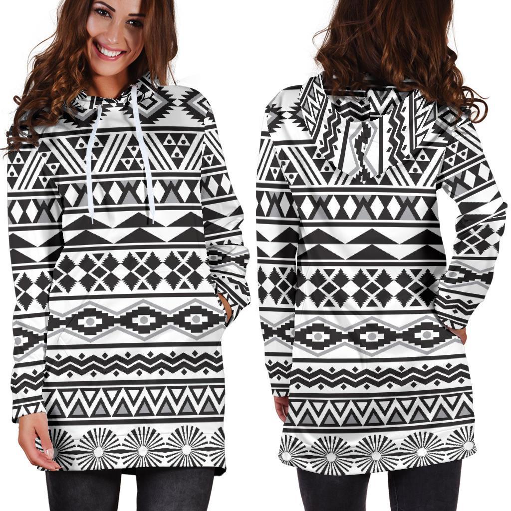 White And Grey Aztec Pattern Print Hoodie Dress GearFrost
