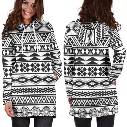 White And Grey Aztec Pattern Print Hoodie Dress GearFrost