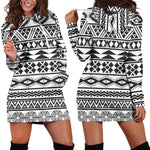 White And Grey Aztec Pattern Print Hoodie Dress GearFrost