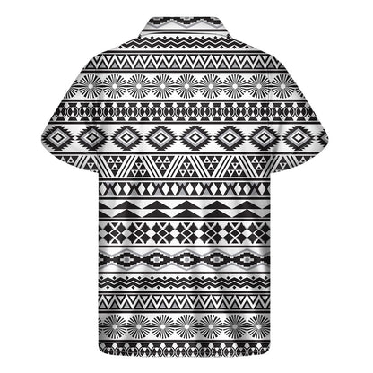 White And Grey Aztec Pattern Print Men's Short Sleeve Shirt