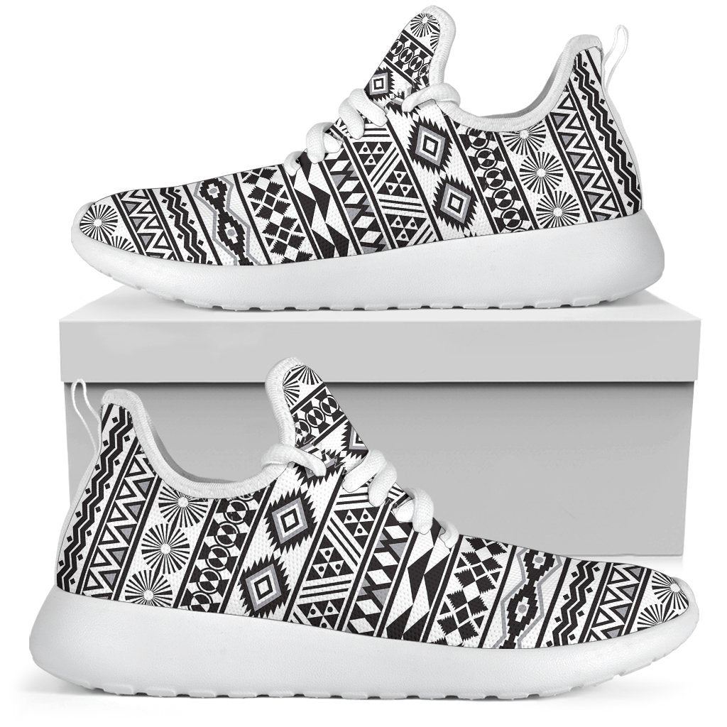 White And Grey Aztec Pattern Print Mesh Knit Shoes GearFrost