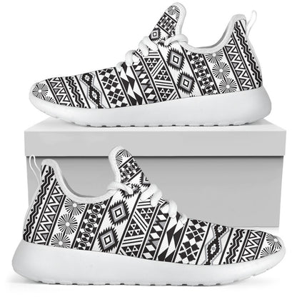 White And Grey Aztec Pattern Print Mesh Knit Shoes GearFrost