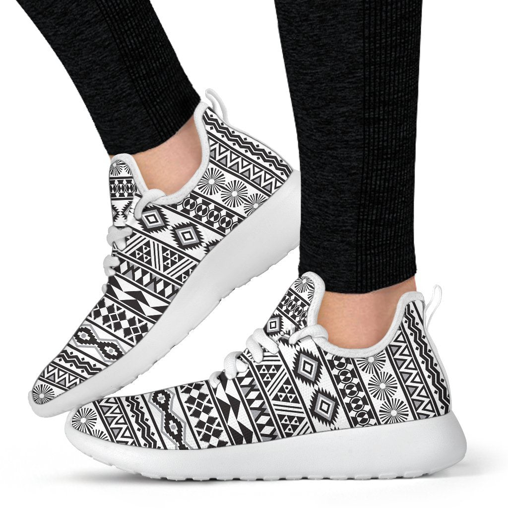 White And Grey Aztec Pattern Print Mesh Knit Shoes GearFrost