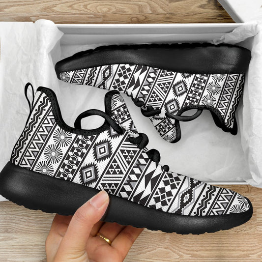 White And Grey Aztec Pattern Print Mesh Knit Shoes GearFrost